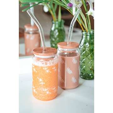 Beer Can Glass coffee cup With Bamboo Lid and glass straw. Ice Coffee Glass, Sublimation leaf printed Soda Can Cup, 16oz, Ice Tea, Drinking Cups, Cute water tumblers, wood lids, glassware.