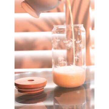 Beer Can Glass coffee cup With Bamboo Lid and glass straw. Ice Coffee Glass, Sublimation leaf printed Soda Can Cup, 16oz, Ice Tea, Drinking Cups, Cute water tumblers, wood lids, glassware.
