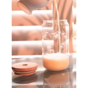 Beer Can Glass coffee cup With Bamboo Lid and glass straw. Ice Coffee Glass, Sublimation leaf printed Soda Can Cup, 16oz, Ice Tea, Drinking Cups, Cute water tumblers, wood lids, glassware.