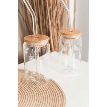 Beer Can Glass coffee cup With Bamboo Lid and glass straw. Ice Coffee Glass, Sublimation leaf printed Soda Can Cup, 16oz, Ice Tea, Drinking Cups, Cute water tumblers, wood lids, glassware.