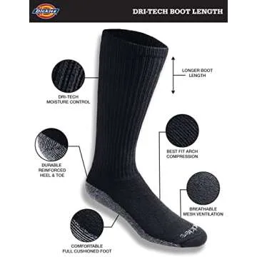 Dickies Men's Dri-Tech Moisture Control Boot-Length Socks, 6 & 12 Pairs, Sizes L-XL, Black (6 Pairs)...