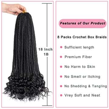 8 Packs 18 Inch Crochet Box Braids Hair with Curly Ends Pre Looped Crochet Braids Goddess Box Braids Crochet Braiding Hair with Curly Ends Extensions