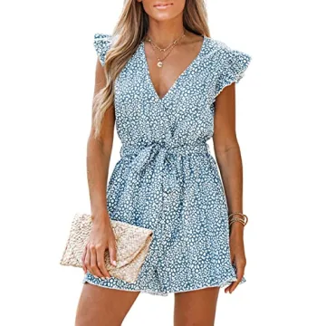 CUPSHE Summer Women's V Neck Floral Print Belted Ruffled Short Romper Mini Jumpsuit
