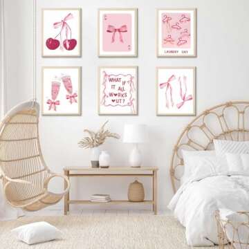6Pcs Trendy Pink Bows Wall Art Coquette Posters for Room Decor Aesthetic Watercolor Light Pink Bow C...