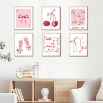 6Pcs Trendy Pink Bows Wall Art Coquette Posters for Room Decor Aesthetic Watercolor Light Pink Bow Canvas Prints Preppy Wall Decor Pictures for Girly College Apartment Decoration, Pink 8x10in poster