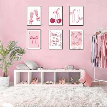 6Pcs Trendy Pink Bows Wall Art Coquette Posters for Room Decor Aesthetic Watercolor Light Pink Bow Canvas Prints Preppy Wall Decor Pictures for Girly College Apartment Decoration, Pink 8x10in poster