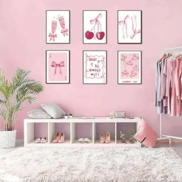 6Pcs Trendy Pink Bows Wall Art Coquette Posters for Room Decor Aesthetic Watercolor Light Pink Bow Canvas Prints Preppy Wall Decor Pictures for Girly College Apartment Decoration, Pink 8x10in poster
