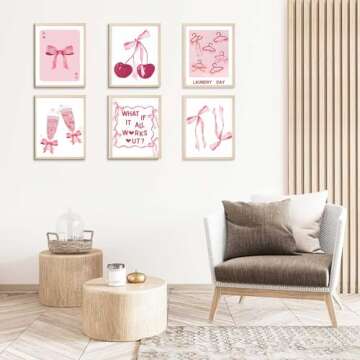 6Pcs Trendy Pink Bows Wall Art Coquette Posters for Room Decor Aesthetic Watercolor Light Pink Bow Canvas Prints Preppy Wall Decor Pictures for Girly College Apartment Decoration, Pink 8x10in poster