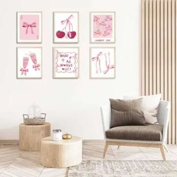 6Pcs Trendy Pink Bows Wall Art Coquette Posters for Room Decor Aesthetic Watercolor Light Pink Bow Canvas Prints Preppy Wall Decor Pictures for Girly College Apartment Decoration, Pink 8x10in poster