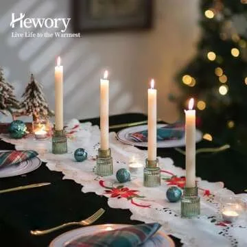 Hewory Glass Taper Candle Holders: 2PCS Green Vintage Candle Holder Candlestick Holders Bulk, Ribbed Glass Candle Holder Candle Sticks Holder Decor for Table Centerpiece Wedding Christmas Home Decor