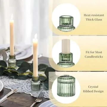 Hewory Glass Taper Candle Holders: 2PCS Green Vintage Candle Holder Candlestick Holders Bulk, Ribbed Glass Candle Holder Candle Sticks Holder Decor for Table Centerpiece Wedding Christmas Home Decor