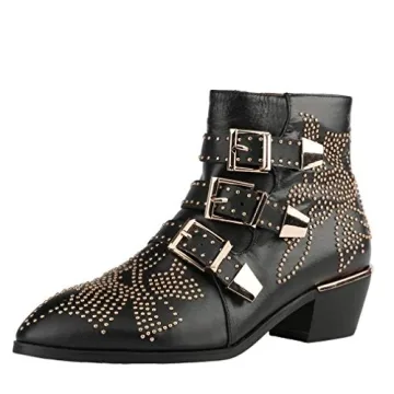 Arqa Women's Studded Ankle Boots Leather Multiple Buckle Chunky Heel Booties Almond Toe Zipper Punk Boot