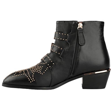 Arqa Women's Studded Ankle Boots Leather Multiple Buckle Chunky Heel Booties Almond Toe Zipper Punk Boot