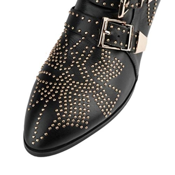 Arqa Women's Studded Ankle Boots Leather Multiple Buckle Chunky Heel Booties Almond Toe Zipper Punk Boot