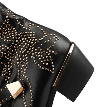 Arqa Women's Studded Ankle Boots Leather Multiple Buckle Chunky Heel Booties Almond Toe Zipper Punk Boot