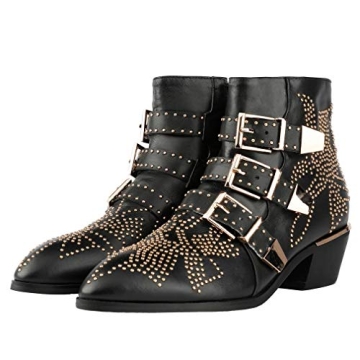 Arqa Women's Studded Ankle Boots Leather Multiple Buckle Chunky Heel Booties Almond Toe Zipper Punk Boot