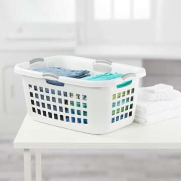 Sterilite 6 Pack Plastic Laundry Basket Clothes Hamper, 2 Bushel, Ultra, White