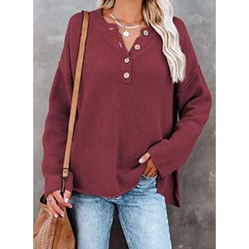 BLENCOT Women Button Neck Knit Sweater Long Sleeve Chunky Oversized Fall Tunic Sweaters Dark Red Large