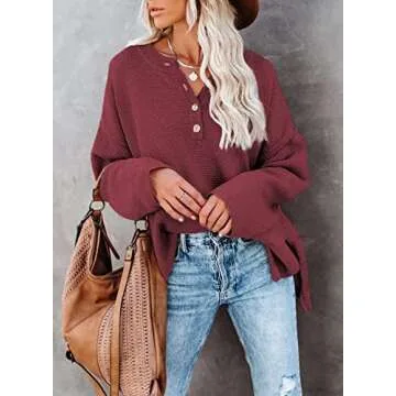 BLENCOT Women Button Neck Knit Sweater Long Sleeve Chunky Oversized Fall Tunic Sweaters Dark Red Large
