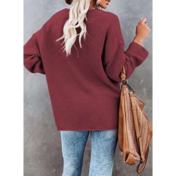 BLENCOT Women Button Neck Knit Sweater Long Sleeve Chunky Oversized Fall Tunic Sweaters Dark Red Large
