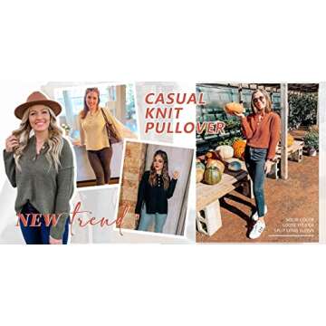 BLENCOT Women Button Neck Knit Sweater Long Sleeve Chunky Oversized Fall Tunic Sweaters Dark Red Large