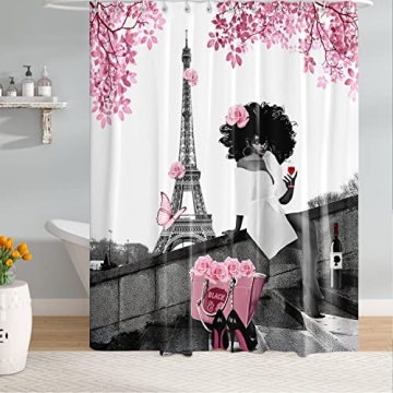 TYAKASHA Shower Curtain African American Woman Afro Lady with Pink Rose Fashion Waterproof 72x72 Inc...