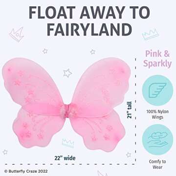 Butterfly Craze Girls' Fairy Wings with Wands and Headbands - Pack of 6, Costumes and Dress Up Set For Kids Aged 3 and Up, These Accessories are Perfect as Birthday Party Favors or Supplies, (Pink)