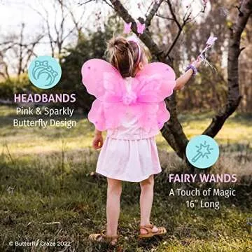 Butterfly Craze Girls' Fairy Wings with Wands and Headbands - Pack of 6, Costumes and Dress Up Set For Kids Aged 3 and Up, These Accessories are Perfect as Birthday Party Favors or Supplies, (Pink)