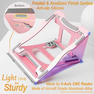 Laptop Stand, 9 Angles, 3 Folding Modes in 1. Portable Ergonomic Angled Laptop Aluminum Stand. Adjustable Height Laptop Holder with Slide-Proof Silicone for Laptop 10''~15.6'' (Rose Pink)
