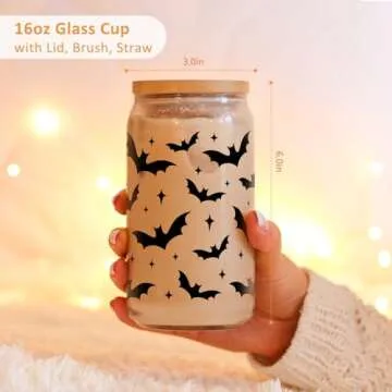 Fairy's Gift Halloween Bats Cup, Halloween Spooky Gifts, Bat Lovers Gothic Glass Cup, Cute 16 oz Iced Coffee Cup, Halloween Boo Basket Stuffers, Goth Girl Bat Themed Party, Halloween Gifts for Women
