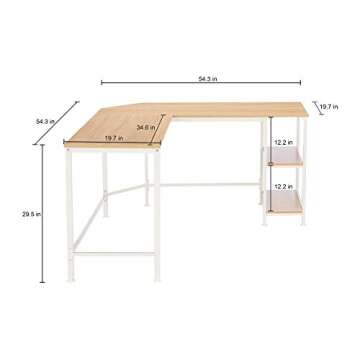 Amazon Basics L-Shape Computer Desk with Shelves for Storage, 54.3 Inch, Natural with White Frame