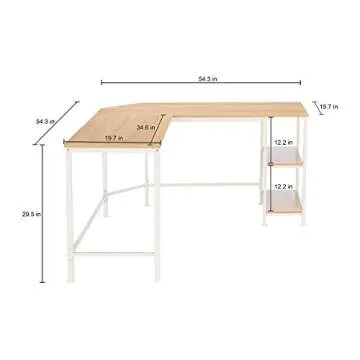 Amazon Basics L-Shape Computer Desk with Shelves for Storage, 54.3 Inch, Natural with White Frame