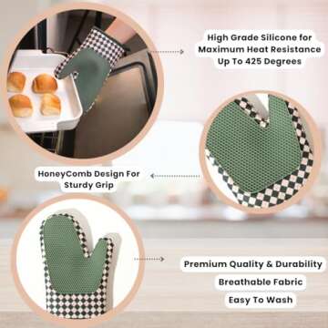 Portia & Bloom Silicone Oven Mitt Set- 2 PC. Set - Heat Resistant Gloves with Soft Quilted Lining Set of 2 Oven Mitt Pot Holders,Silicone Trivets, Cute Oven mits for Cooking and BBQ