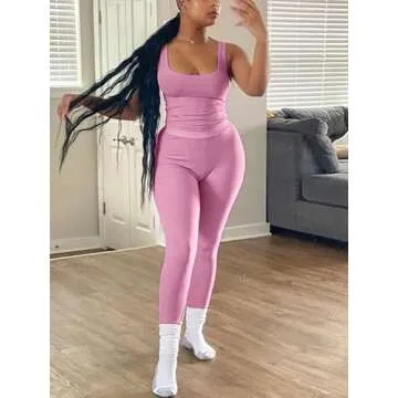 AYWA Casual Workout Sets Two Piece Outfits for Women Ribbed Crop Tank Top High Waist Leggings Active Wear (Pink, Small)