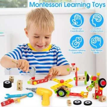 Kids Tool Set Toy with Drill, Stem Montessori Toys for 3 4 5 Years Old Boy Girl, 44 Pcs Wooden Toddler Tool Kits Inc Box, Learning Educational Construction Toy