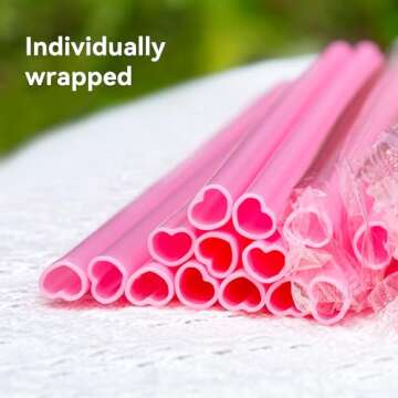 Prurex 50pcs Pink HeartShaped Straws,Individually Wrapped Disposable Drinking Straws for Valentines day/Wedding/Birthday Party/Cocktail Supplies