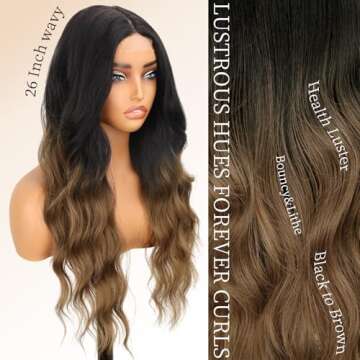 AISI HAIR Brown Wig for Women, Long Wavy Black To Brown Lace Hairline Middle Part Synthetic Heat Res...
