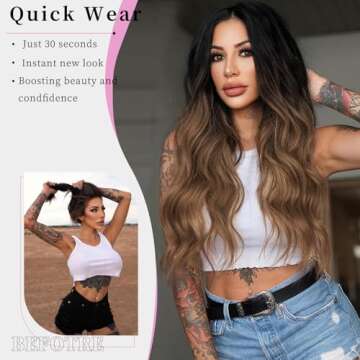 AISI HAIR Brown Wig for Women, Long Wavy Black To Brown Lace Hairline Middle Part Synthetic Heat Resistant Wig for Daily Party-26 Inch