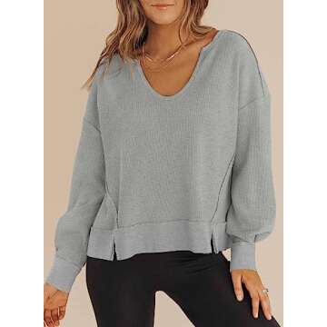 Dokotoo Tops for Women Crewneck Long Sleeve Tops Waffle Top for Women Winter Fashion 2024 Trendy Cro...