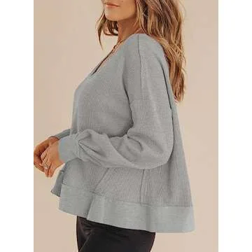 Dokotoo Tops for Women Crewneck Long Sleeve Tops Waffle Top for Women Winter Fashion 2024 Trendy Cropped Sweaters Oversized T-Shirts Loose Fitted Shirts Basic Tee Womens Blouses Grey XXL