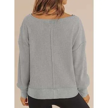 Dokotoo Tops for Women Crewneck Long Sleeve Tops Waffle Top for Women Winter Fashion 2024 Trendy Cropped Sweaters Oversized T-Shirts Loose Fitted Shirts Basic Tee Womens Blouses Grey XXL