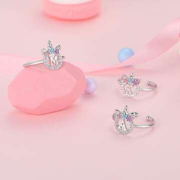 Initial Rings for Teen Girls, Silver Rings for Girls Initial Rings for Girls Initial Ring Adjustable Rings for Teen Girls Unicorn Initial L Letter Rings for Teen Girls Unicorns Gifts for Girls Jewelry