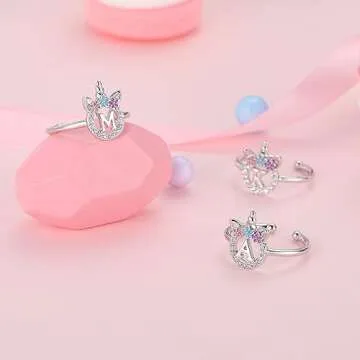 Initial Rings for Teen Girls, Silver Rings for Girls Initial Rings for Girls Initial Ring Adjustable Rings for Teen Girls Unicorn Initial L Letter Rings for Teen Girls Unicorns Gifts for Girls Jewelry