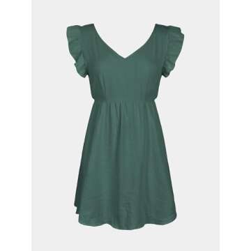 CUPSHE Women's Mini Dress V Neck Flutter Sleeve Cotton A Line Short Summer Cover Up Dress Green, L