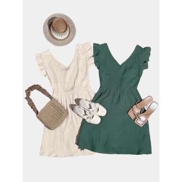 CUPSHE Women's Mini Dress V Neck Flutter Sleeve Cotton A Line Short Summer Cover Up Dress Green, L