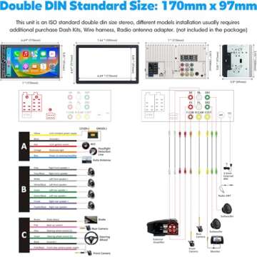 Upgrade Wireless Double Din Car Stereo with Carplay, Android Auto, Bluetooth, 4-Channel RCA, High Power, 2 Subwoofer Ports, 7" HD Capacitive Touchscreen Car Radio, Backup Camera, Audio Receiver
