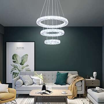 Winretro Modern LED Chandeliers Crystal Chandelier 3 Ring Round Pendant Lighting Adjustable Stainles...