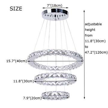 Winretro Modern LED Chandeliers Crystal Chandelier 3 Ring Round Pendant Lighting Adjustable Stainless Steel Ceiling Light Fixture for Living Room Dining Room Bedroom