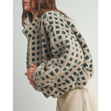 Esmeling Women’s Long Sleeve Cropped Sherpa Fleece Plaid Jacket Casual Chunky Teddy Fleece Outerwear (1024-Green-M)