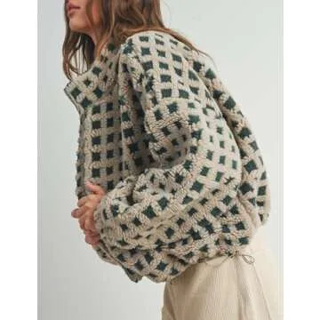 Esmeling Women’s Long Sleeve Cropped Sherpa Fleece Plaid Jacket Casual Chunky Teddy Fleece Outerwear (1024-Green-M)